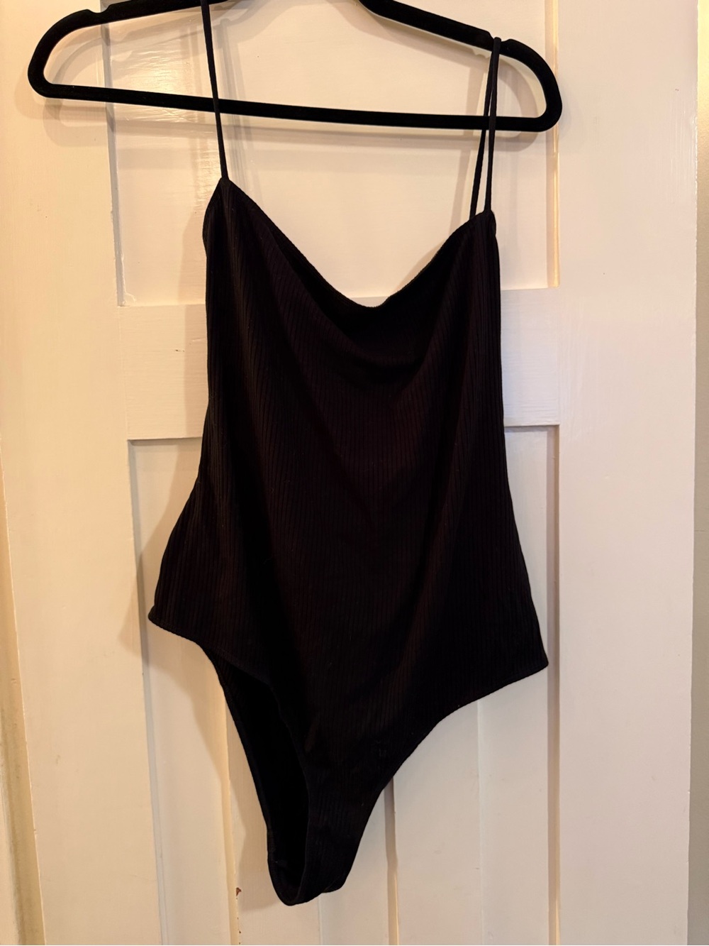 Reformation Black Ribbed Cowl Neck Bandeau Bodysuit